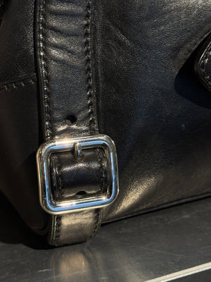 Prada Black Leather Bowling Bag Multi Zip Pocket Top Handle Shoulder Bag Silver Hardware Luggage Tag Dust Bag