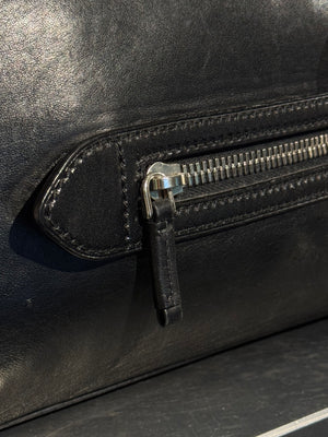 Prada Black Leather Bowling Bag Multi Zip Pocket Top Handle Shoulder Bag Silver Hardware Luggage Tag Dust Bag