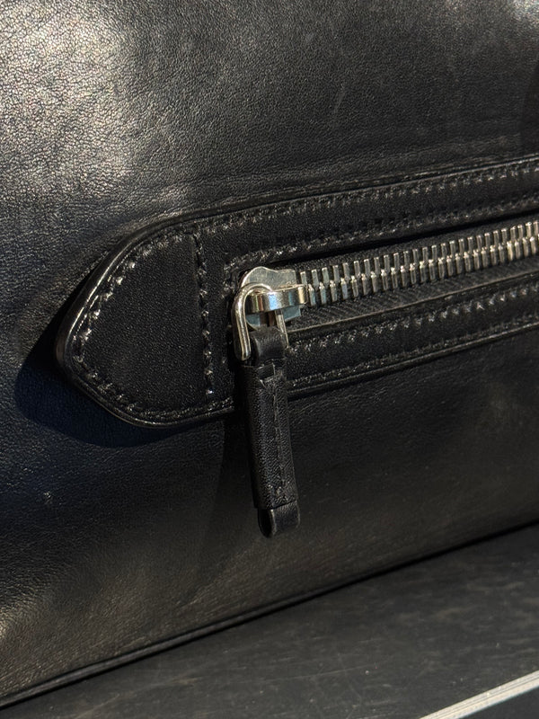 Prada Black Leather Bowling Bag Multi Zip Pocket Top Handle Shoulder Bag Silver Hardware Luggage Tag Dust Bag