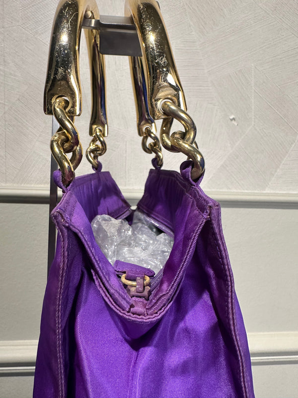 Prada Bag Bright Purple Shopping Bag Nylon Gold Handle Tote Strap Gold solid Top Handles Structured Logo&nbsp;