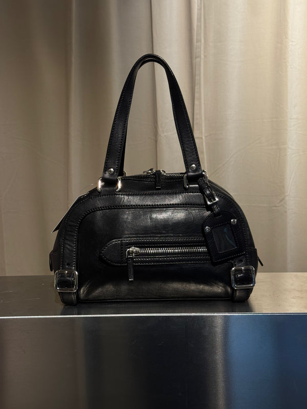 Prada Black Leather Bowling Bag Multi Zip Pocket Top Handle Shoulder Bag Silver Hardware Luggage Tag Dust Bag