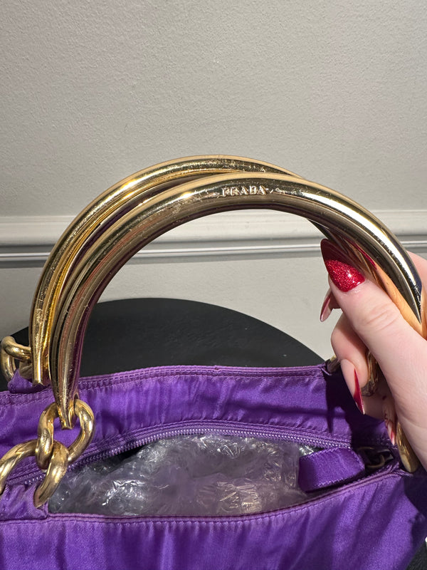 Prada Bag Bright Purple Shopping Bag Nylon Gold Handle Tote Strap Gold solid Top Handles Structured Logo&nbsp;