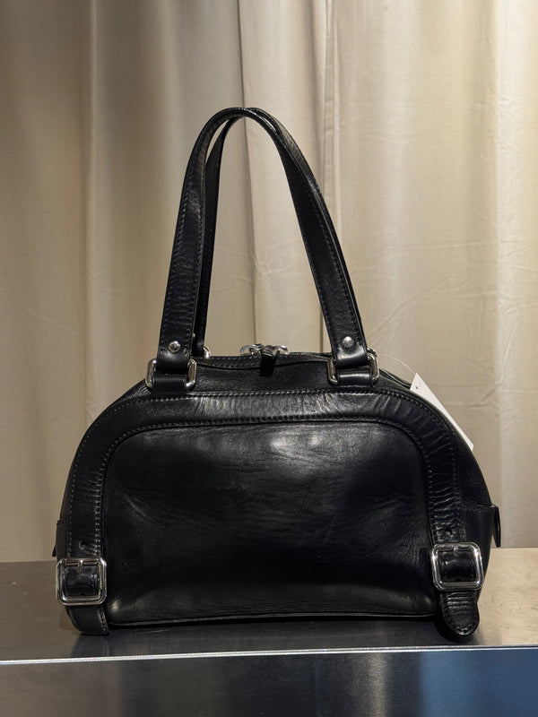 Prada Black Leather Bowling Bag Multi Zip Pocket Top Handle Shoulder Bag Silver Hardware Luggage Tag Dust Bag