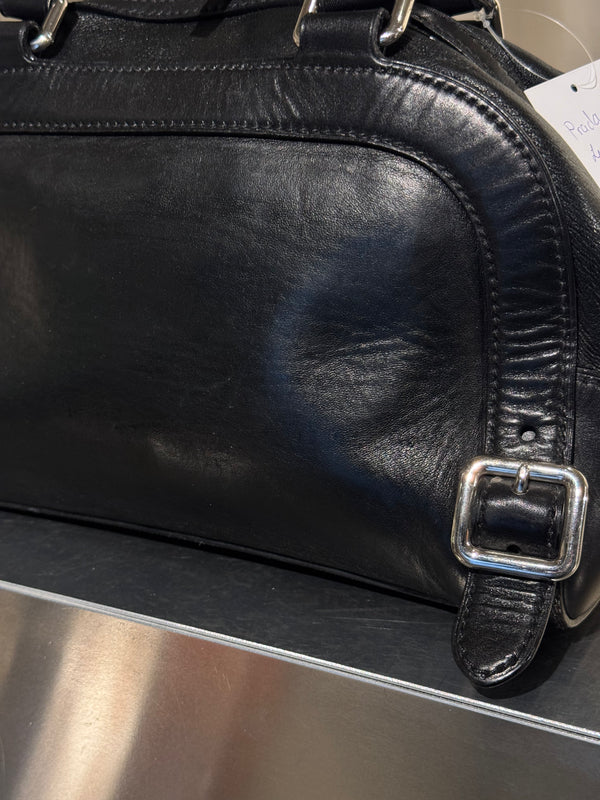 Prada Black Leather Bowling Bag Multi Zip Pocket Top Handle Shoulder Bag Silver Hardware Luggage Tag Dust Bag