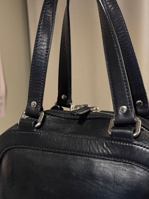 Prada Black Leather Bowling Bag Multi Zip Pocket Top Handle Shoulder Bag Silver Hardware Luggage Tag Dust Bag