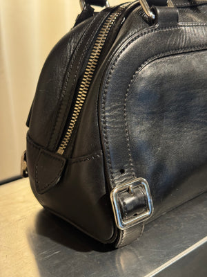 Prada Black Leather Bowling Bag Multi Zip Pocket Top Handle Shoulder Bag Silver Hardware Luggage Tag Dust Bag