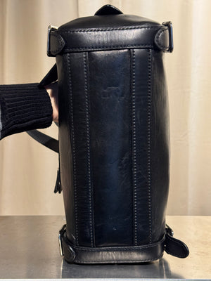 Prada Black Leather Bowling Bag Multi Zip Pocket Top Handle Shoulder Bag Silver Hardware Luggage Tag Dust Bag