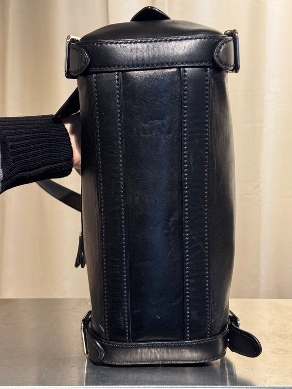 Prada Black Leather Bowling Bag Multi Zip Pocket Top Handle Shoulder Bag Silver Hardware Luggage Tag Dust Bag
