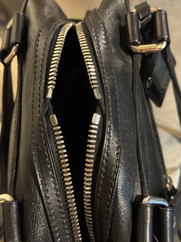 Prada Black Leather Bowling Bag Multi Zip Pocket Top Handle Shoulder Bag Silver Hardware Luggage Tag Dust Bag