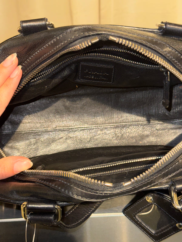 Prada Black Leather Bowling Bag Multi Zip Pocket Top Handle Shoulder Bag Silver Hardware Luggage Tag Dust Bag