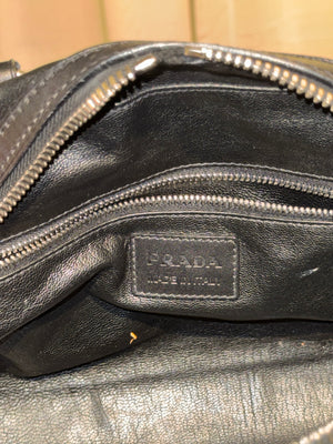 Prada Black Leather Bowling Bag Multi Zip Pocket Top Handle Shoulder Bag Silver Hardware Luggage Tag Dust Bag