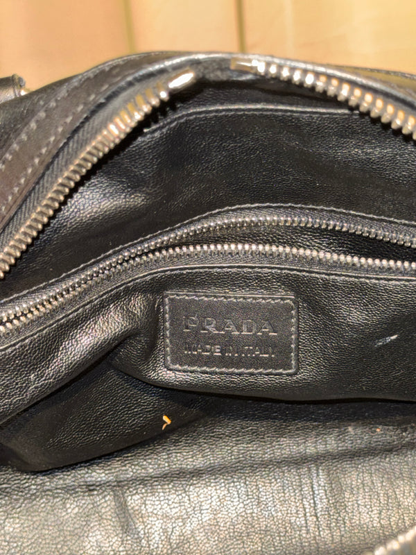 Prada Black Leather Bowling Bag Multi Zip Pocket Top Handle Shoulder Bag Silver Hardware Luggage Tag Dust Bag
