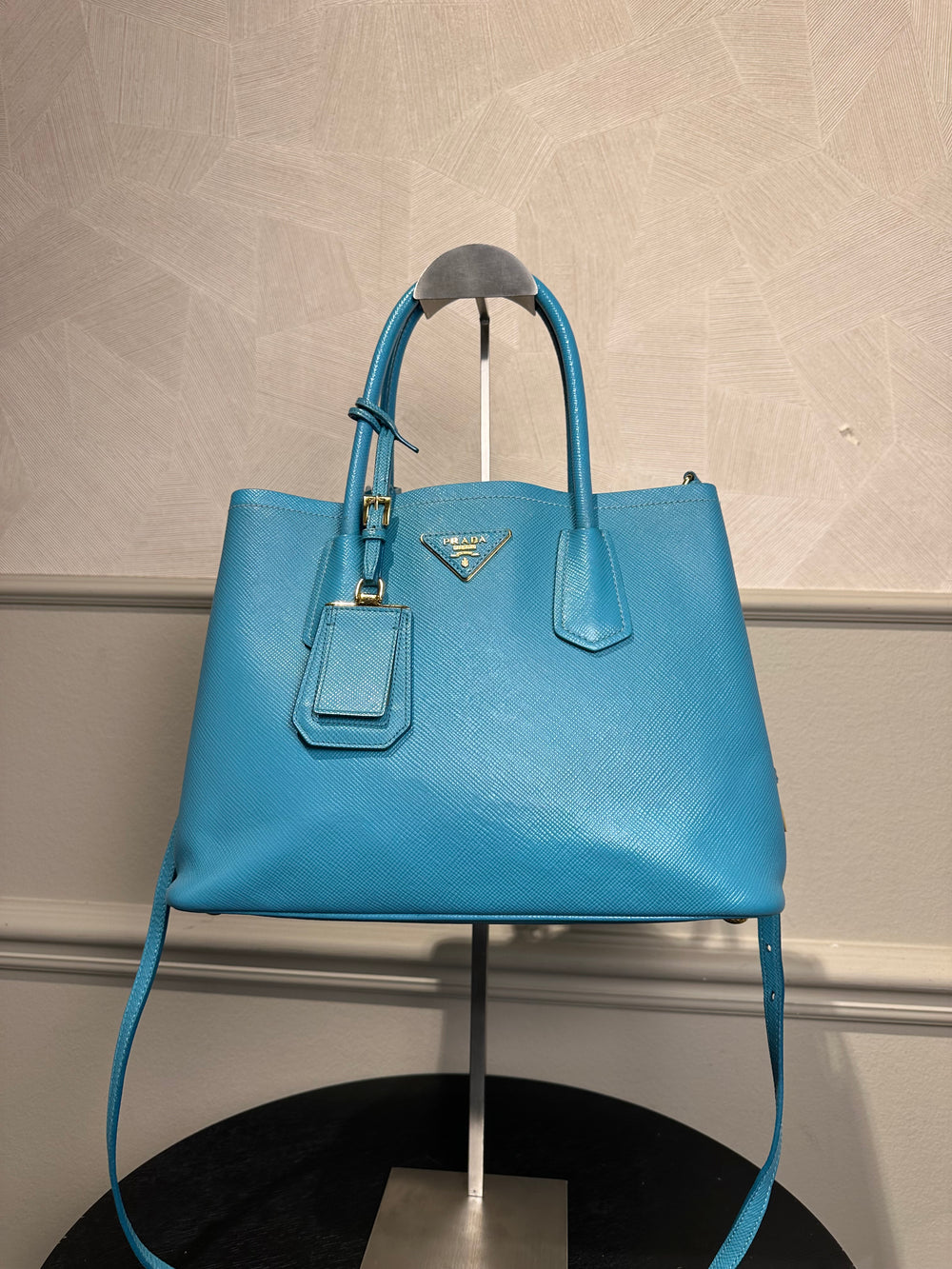 Prada Bag Teal Blue Saffiano Leather Tote Strap Top Handles Structured Logo