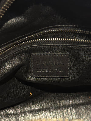 Prada Black Leather Bowling Bag Multi Zip Pocket Top Handle Shoulder Bag Silver Hardware Luggage Tag Dust Bag