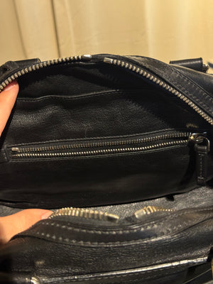 Prada Black Leather Bowling Bag Multi Zip Pocket Top Handle Shoulder Bag Silver Hardware Luggage Tag Dust Bag