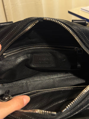 Prada Black Leather Bowling Bag Multi Zip Pocket Top Handle Shoulder Bag Silver Hardware Luggage Tag Dust Bag