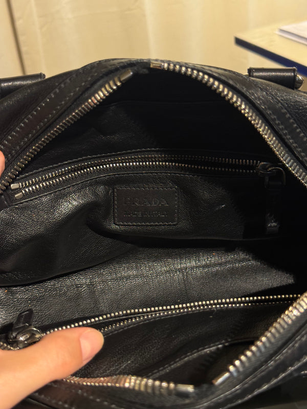 Prada Black Leather Bowling Bag Multi Zip Pocket Top Handle Shoulder Bag Silver Hardware Luggage Tag Dust Bag