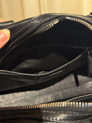 Prada Black Leather Bowling Bag Multi Zip Pocket Top Handle Shoulder Bag Silver Hardware Luggage Tag Dust Bag