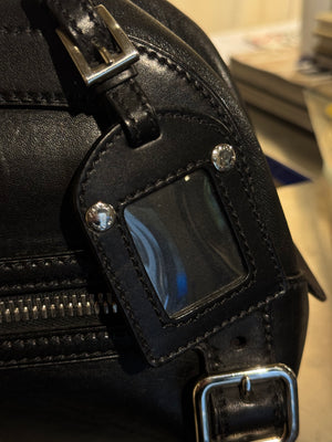 Prada Black Leather Bowling Bag Multi Zip Pocket Top Handle Shoulder Bag Silver Hardware Luggage Tag Dust Bag