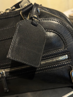Prada Black Leather Bowling Bag Multi Zip Pocket Top Handle Shoulder Bag Silver Hardware Luggage Tag Dust Bag