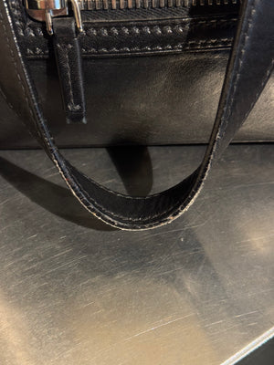 Prada Black Leather Bowling Bag Multi Zip Pocket Top Handle Shoulder Bag Silver Hardware Luggage Tag Dust Bag
