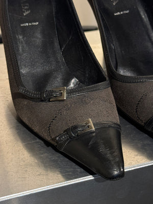 Prada Black Suede Patent Leather Double Buckle Pointed Toe Pumps Stiletto Heels Size EU 40