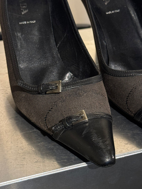 Prada Black Suede Patent Leather Double Buckle Pointed Toe Pumps Stiletto Heels Size EU 40