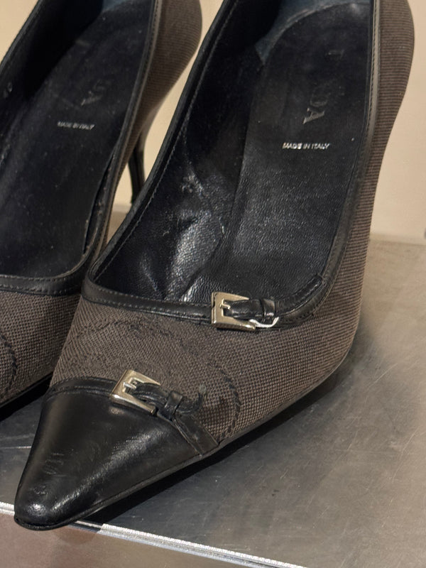 Prada Black Suede Patent Leather Double Buckle Pointed Toe Pumps Stiletto Heels Size EU 40