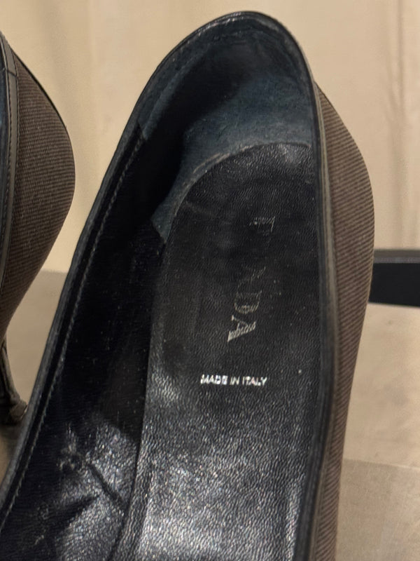 Prada Black Suede Patent Leather Double Buckle Pointed Toe Pumps Stiletto Heels Size EU 40