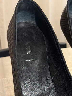 Prada Black Suede Patent Leather Double Buckle Pointed Toe Pumps Stiletto Heels Size EU 40