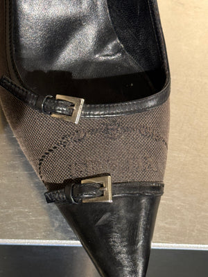 Prada Black Suede Patent Leather Double Buckle Pointed Toe Pumps Stiletto Heels Size EU 40