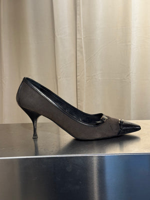 Prada Black Suede Patent Leather Double Buckle Pointed Toe Pumps Stiletto Heels Size EU 40