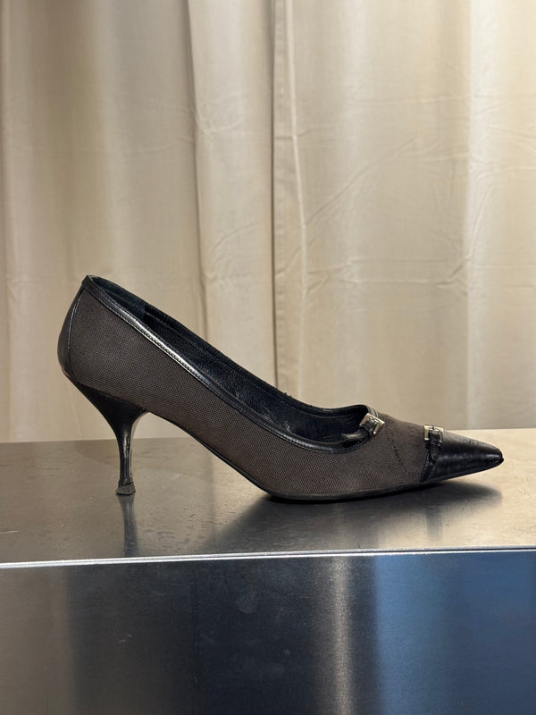 Prada Black Suede Patent Leather Double Buckle Pointed Toe Pumps Stiletto Heels Size EU 40