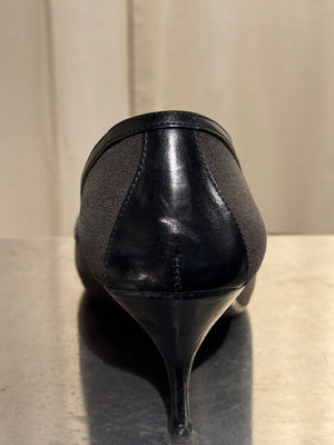 Prada Black Suede Patent Leather Double Buckle Pointed Toe Pumps Stiletto Heels Size EU 40