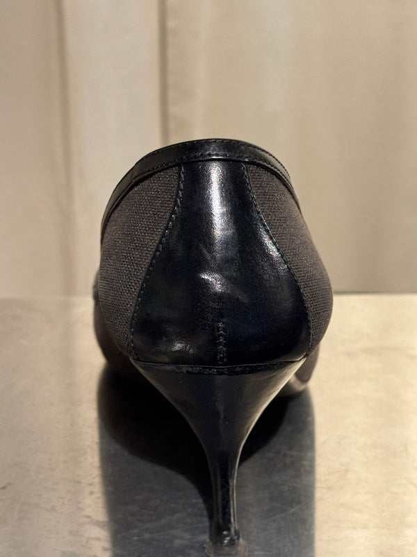 Prada Black Suede Patent Leather Double Buckle Pointed Toe Pumps Stiletto Heels Size EU 40