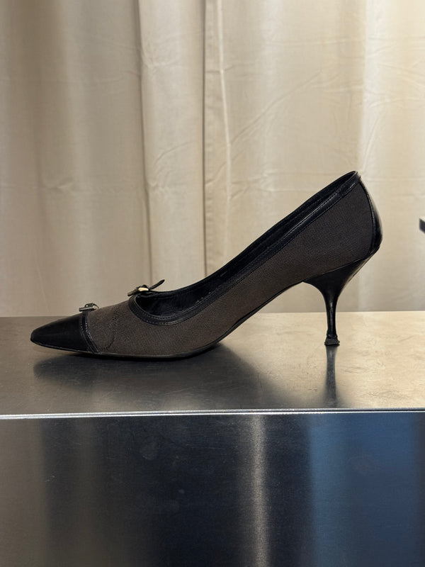 Prada Black Suede Patent Leather Double Buckle Pointed Toe Pumps Stiletto Heels Size EU 40