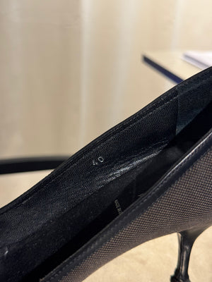 Prada Black Suede Patent Leather Double Buckle Pointed Toe Pumps Stiletto Heels Size EU 40