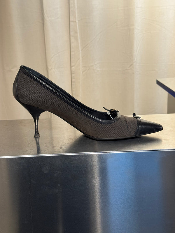 Prada Black Suede Patent Leather Double Buckle Pointed Toe Pumps Stiletto Heels Size EU 40