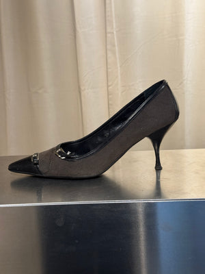 Prada Black Suede Patent Leather Double Buckle Pointed Toe Pumps Stiletto Heels Size EU 40
