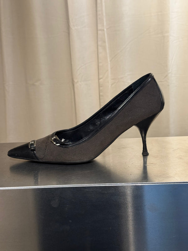 Prada Black Suede Patent Leather Double Buckle Pointed Toe Pumps Stiletto Heels Size EU 40