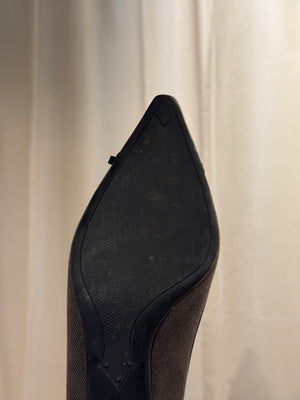Prada Black Suede Patent Leather Double Buckle Pointed Toe Pumps Stiletto Heels Size EU 40