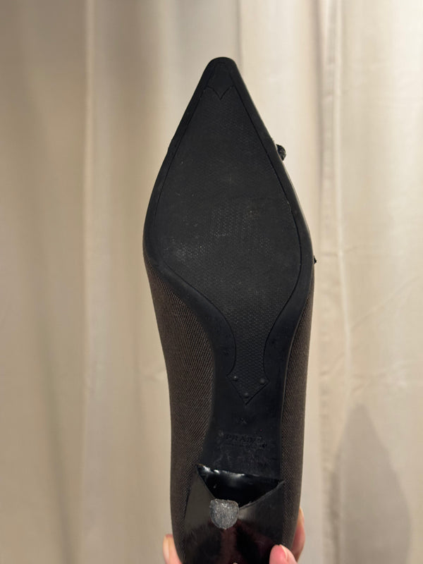 Prada Black Suede Patent Leather Double Buckle Pointed Toe Pumps Stiletto Heels Size EU 40