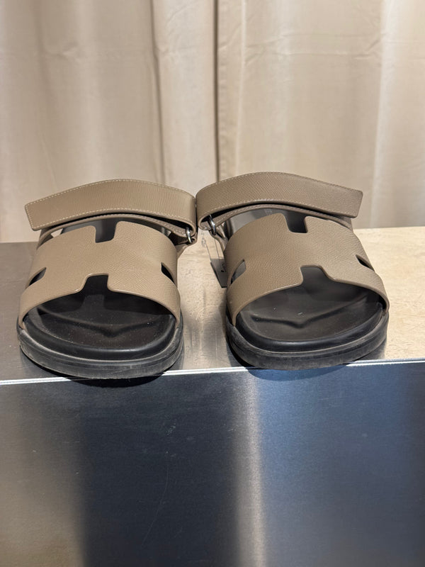 Hermes Chypre Sandals Taupe Grey Leather Black Rubber Sole H Cutout Adjustable Strap Size EU 40 Box