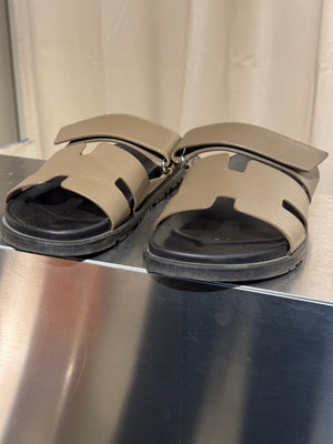 Hermes Chypre Sandals Taupe Grey Leather Black Rubber Sole H Cutout Adjustable Strap Size EU 40 Box