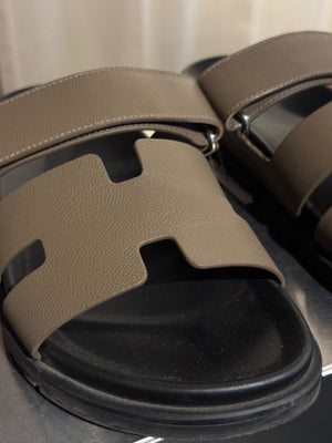 Hermes Chypre Sandals Taupe Grey Leather Black Rubber Sole H Cutout Adjustable Strap Size EU 40 Box