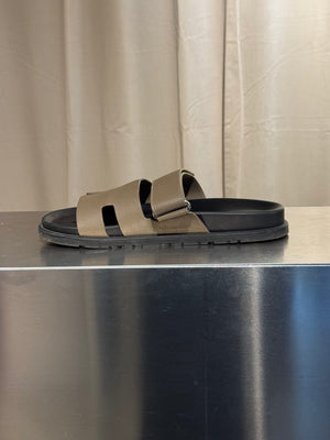 Hermes Chypre Sandals Taupe Grey Leather Black Rubber Sole H Cutout Adjustable Strap Size EU 40 Box