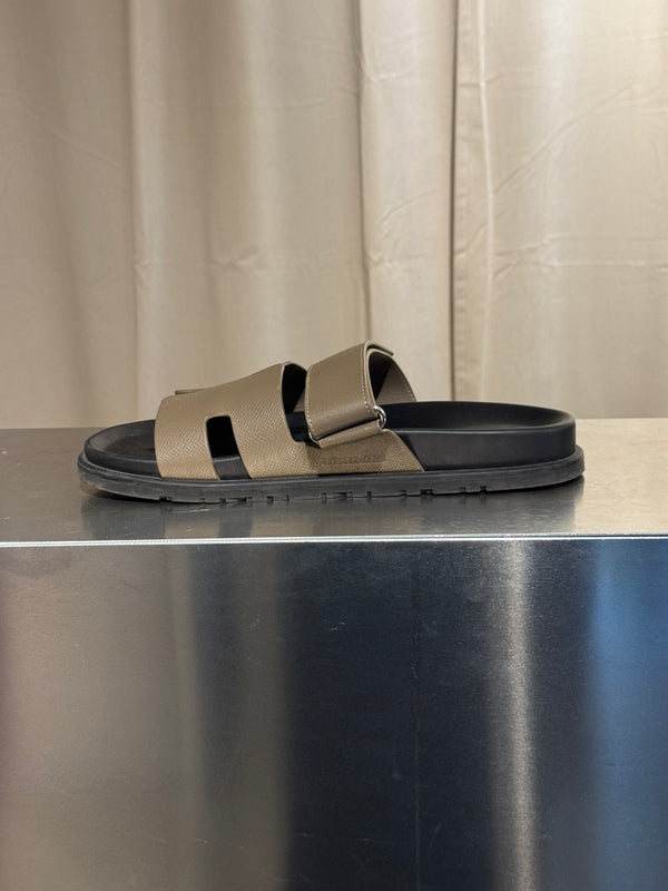 Hermes Chypre Sandals Taupe Grey Leather Black Rubber Sole H Cutout Adjustable Strap Size EU 40 Box