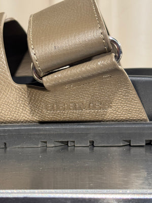 Hermes Chypre Sandals Taupe Grey Leather Black Rubber Sole H Cutout Adjustable Strap Size EU 40 Box