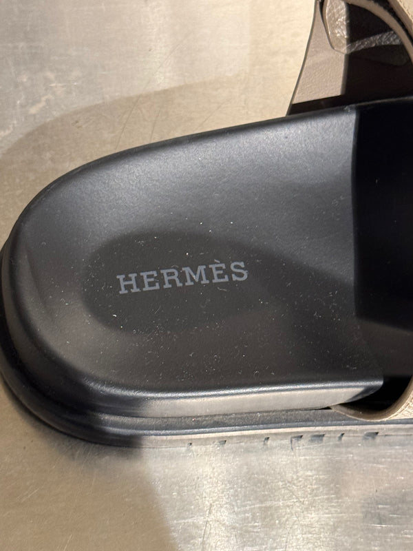 Hermes Chypre Sandals Taupe Grey Leather Black Rubber Sole H Cutout Adjustable Strap Size EU 40 Box