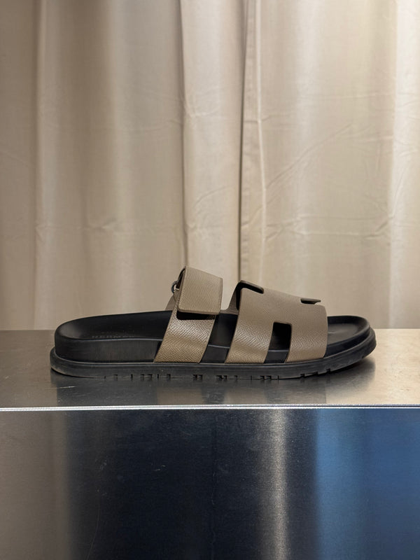 Hermes Chypre Sandals Taupe Grey Leather Black Rubber Sole H Cutout Adjustable Strap Size EU 40 Box